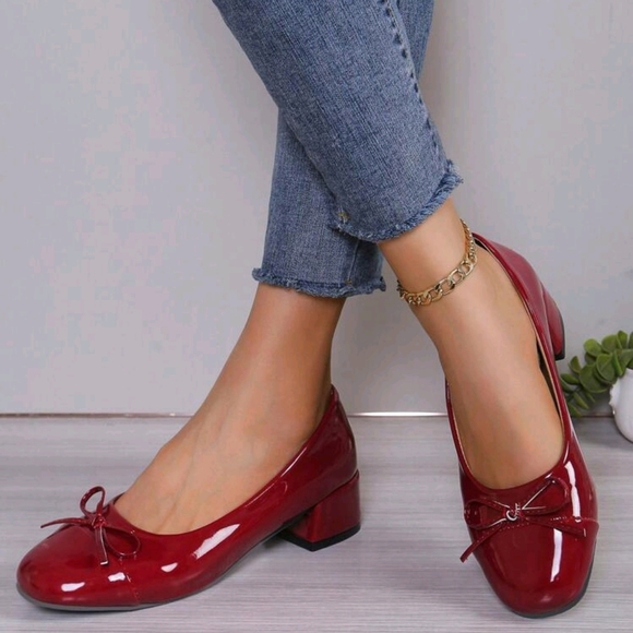 New 2024 Women Classic Red High Heels Ballet Flats With Square Toe, Chunky/Low - Picture 5 of 7